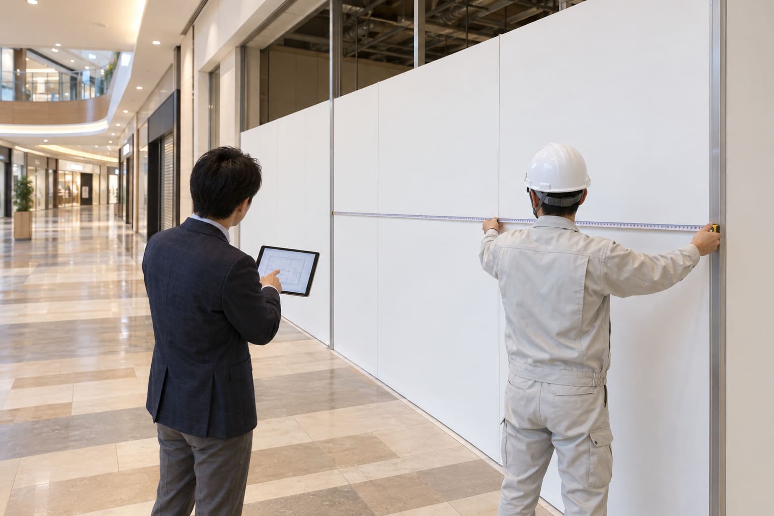 商業施設の通路で、看板会社の担当者が施設の担当者と図面を見ながら、テナントの区画の正面の寸法を測っている様子