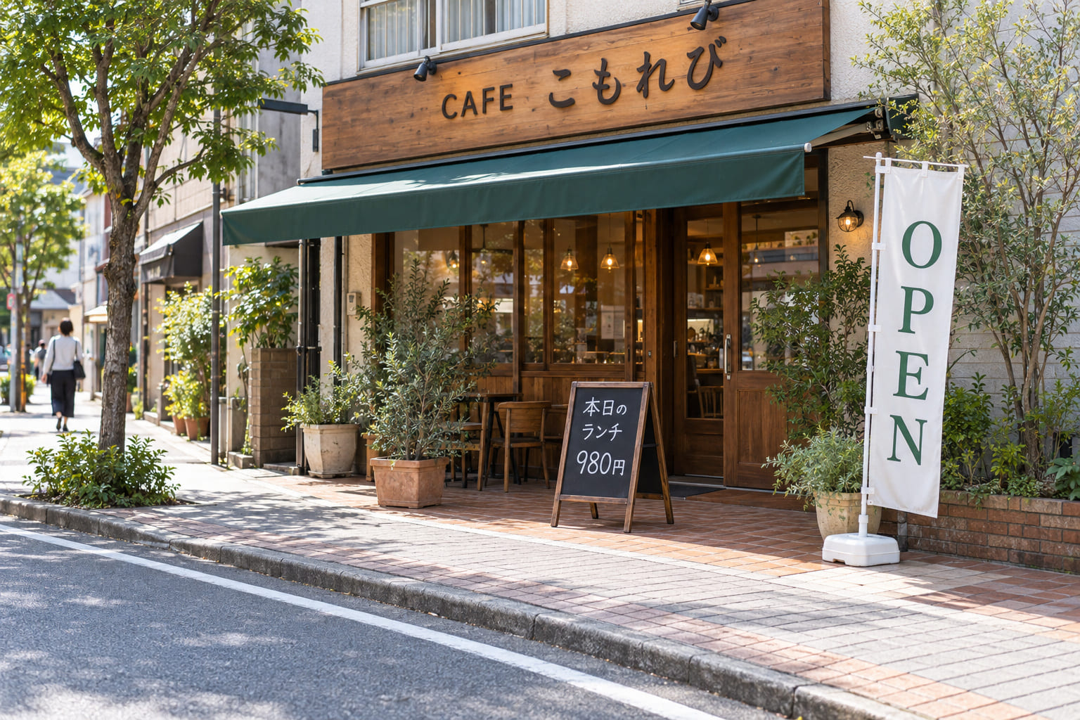 昼の商店街の路面のカフェ。正面の壁に木目の看板で架空の店名、入口の上に緑の日よけテント、店の前の敷地に手書きの黒板のスタンド看板とのぼりが立っている様子