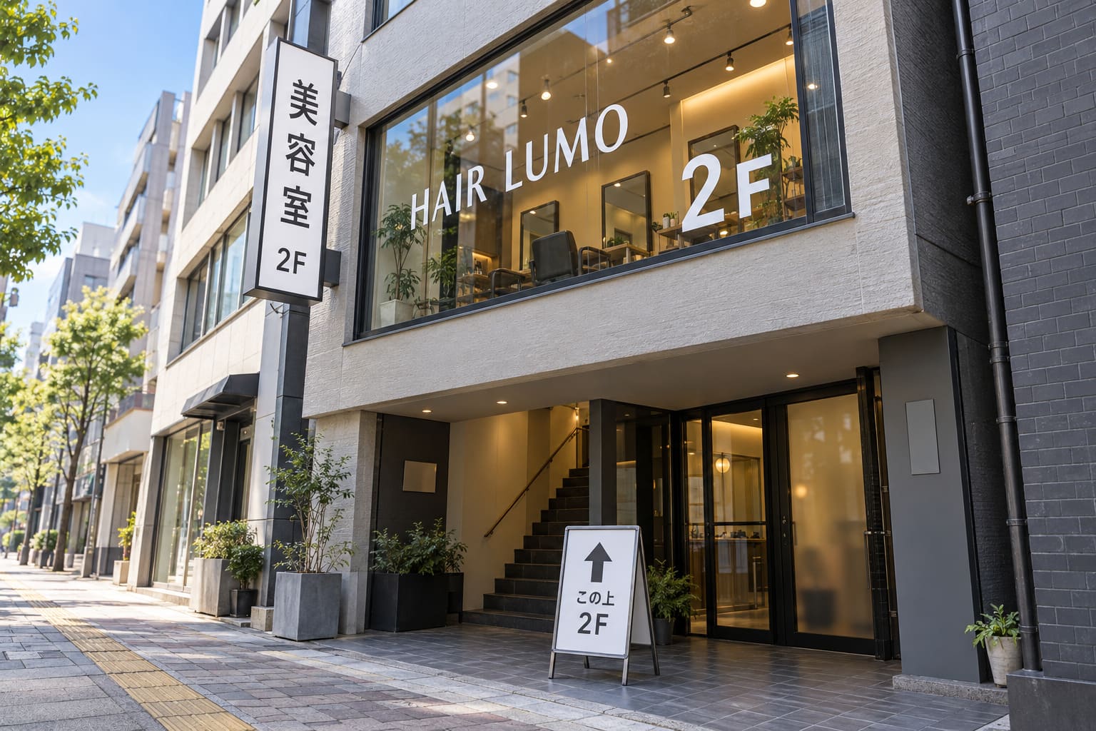 雑居ビルの2階に入った美容室。2階の窓ガラスに白い文字で架空の店名と「2F」が貼られ、壁から縦長の突き出し看板が出て、1階の階段の入口にA型のスタンド看板が置かれている様子