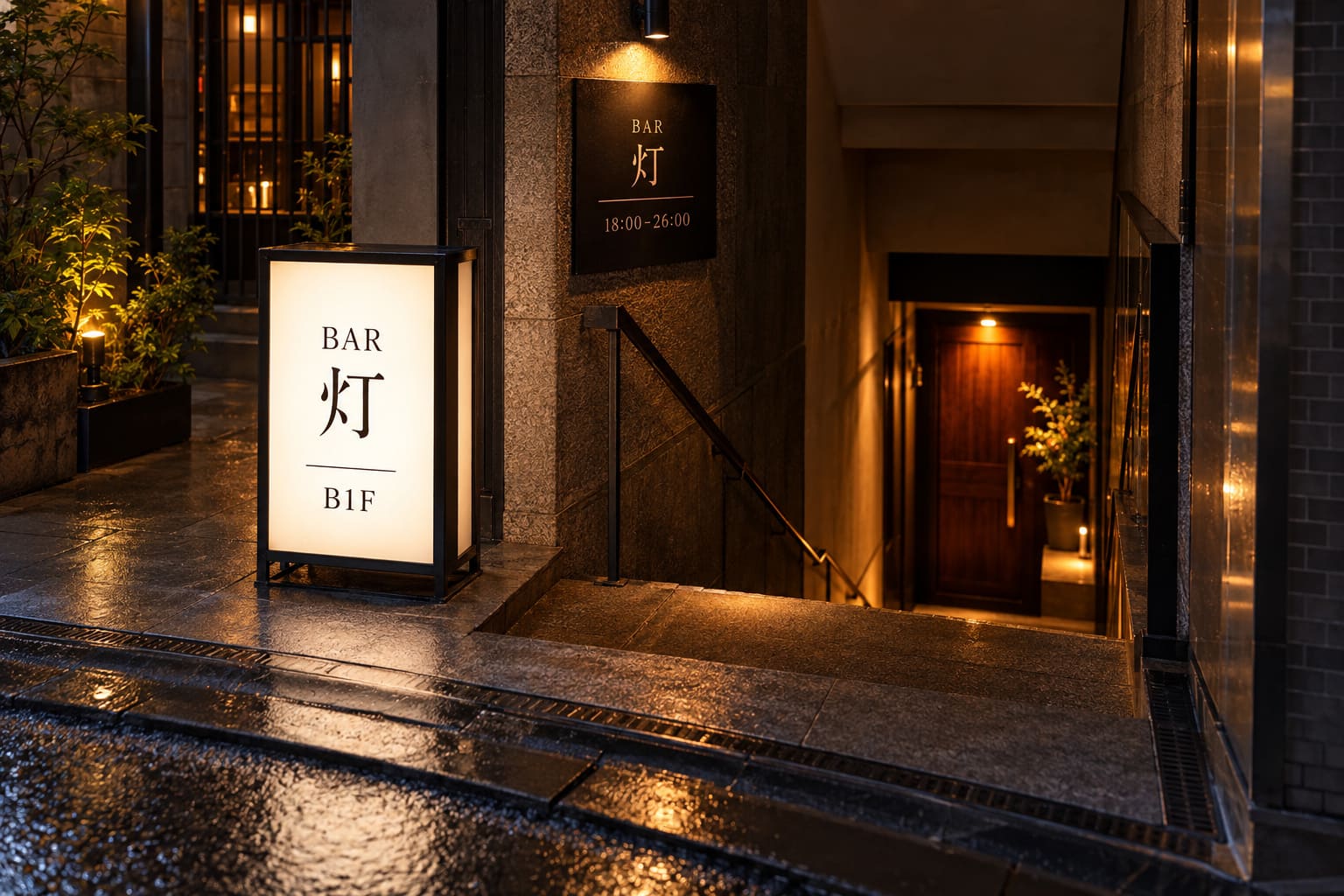 夜の繁華街で、地下へ下りる階段の入口の横に、白く光る電飾スタンド看板と、店名と営業時間を書いた黒いプレートが付いている様子