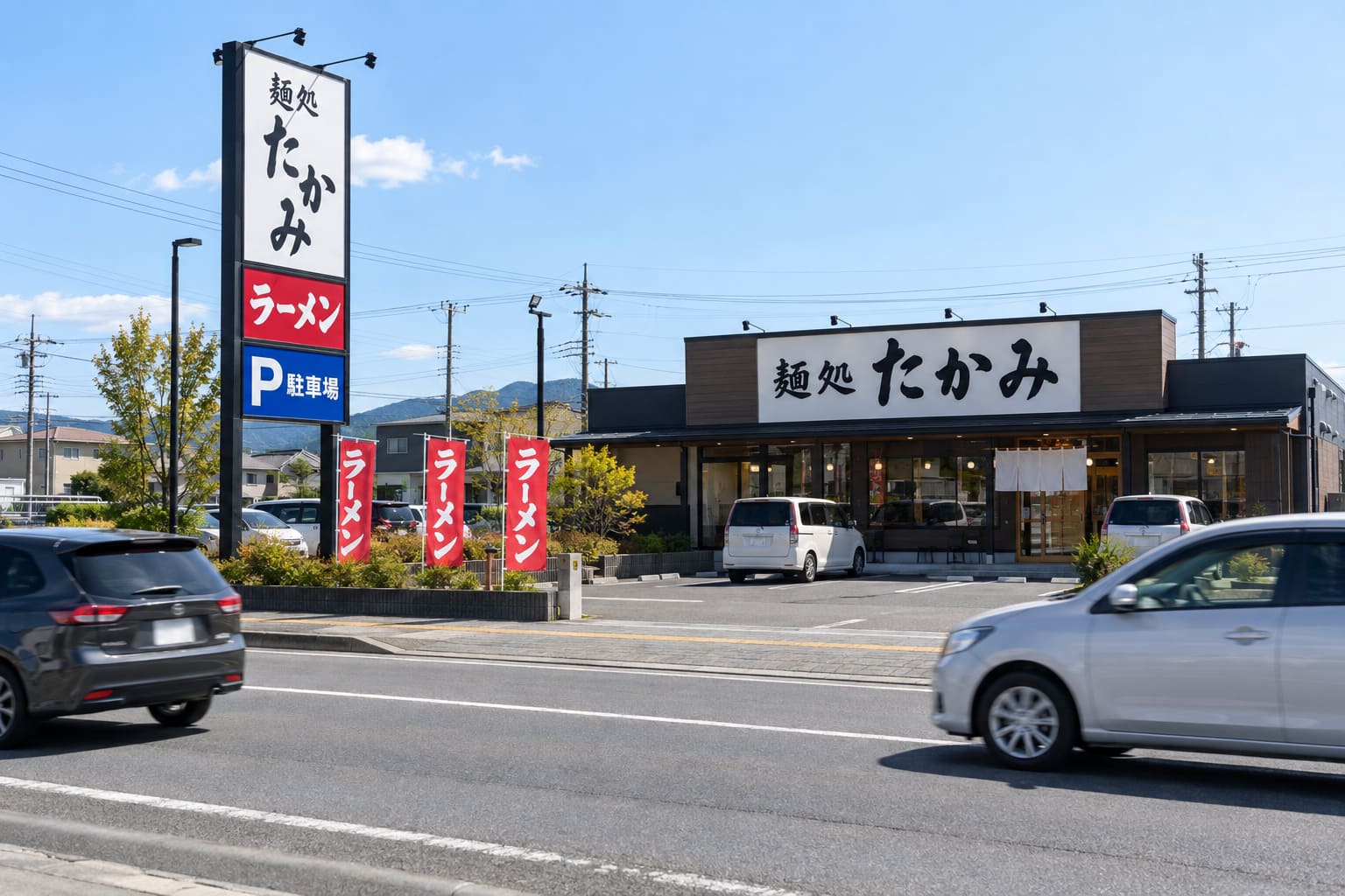 郊外の幹線道路沿いの飲食店。敷地の入口に背の高いポール看板が立ち、架空の店名と「P 駐車場」の表示、建物の正面には大きな店名、駐車場の脇にのぼりが並んでいる様子
