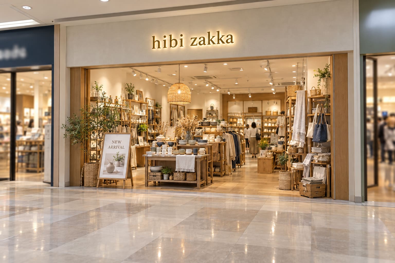 ショッピングモールの通路に面したテナントの店の入口。入口の上に架空の店名の切り文字が光り、入口の前の店の区画の中に小さなスタンドが置かれている様子
