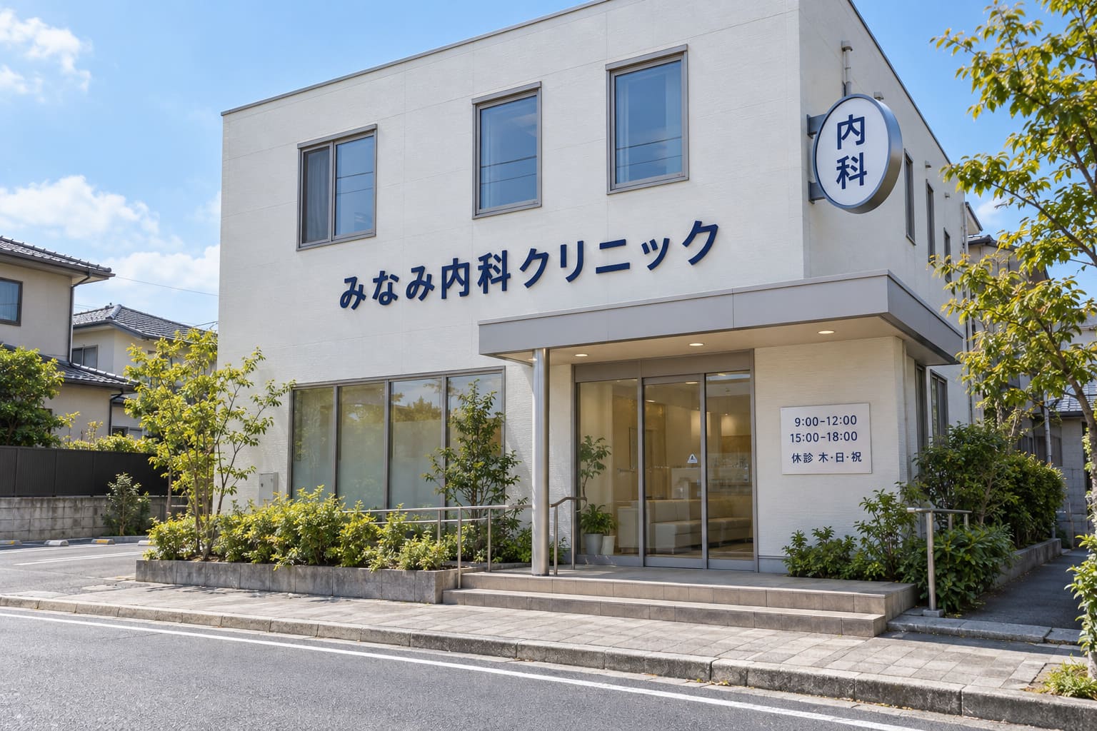 住宅街の2階建てのクリニックの外観。白い外壁に紺色の切り文字で架空の医院名、壁から丸い突き出し看板が出て、入口の横に診療時間のプレートが付いている様子