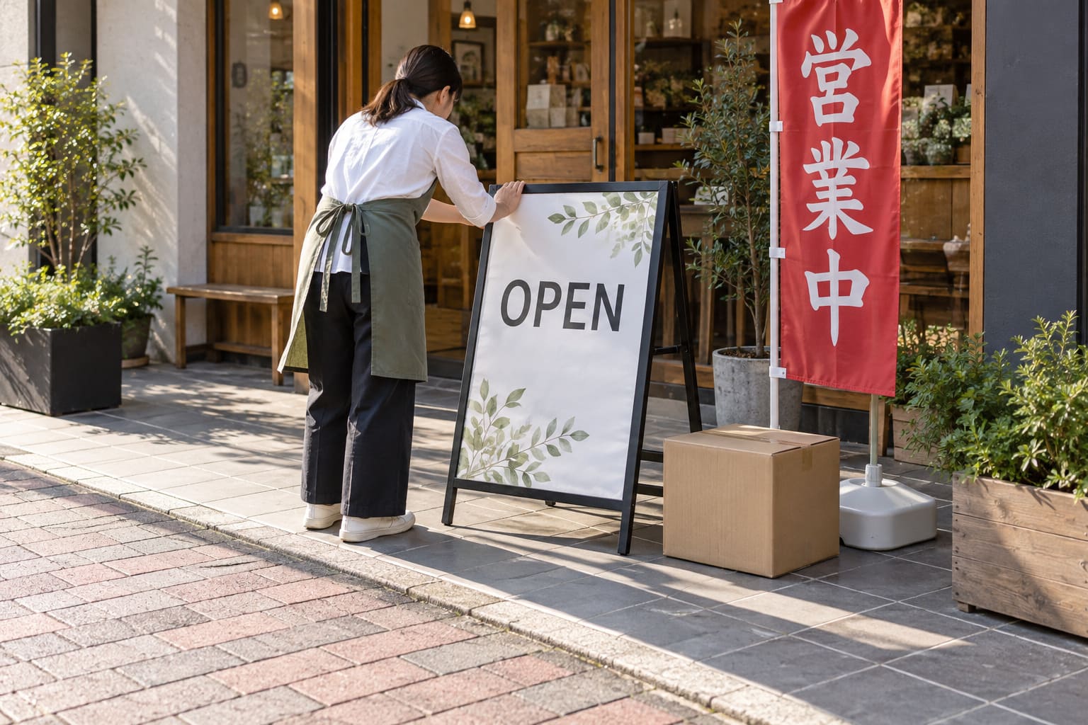 開店前の朝、店の前の敷地にA型のスタンド看板とのぼりを並べて置き、店員が位置を整えている様子