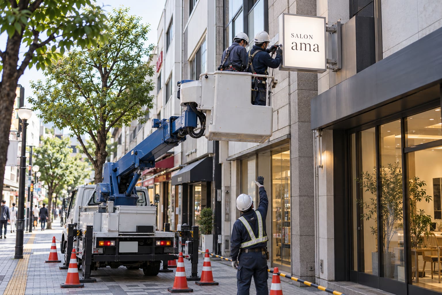 ビルの2階の壁に、高所作業車に乗った作業者が光る突き出し看板を取り付けている様子
