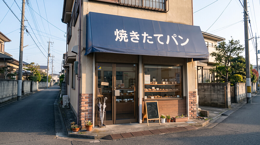 パン屋の入口の上に、紺色の軒先テントが付いていて、前垂れに白い文字で店名が入っている様子