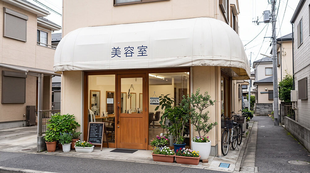 美容室の入口の上に、側面が丸い白いサイドRのテントが付いていて、前の面に紺色の文字で店名が入っている様子