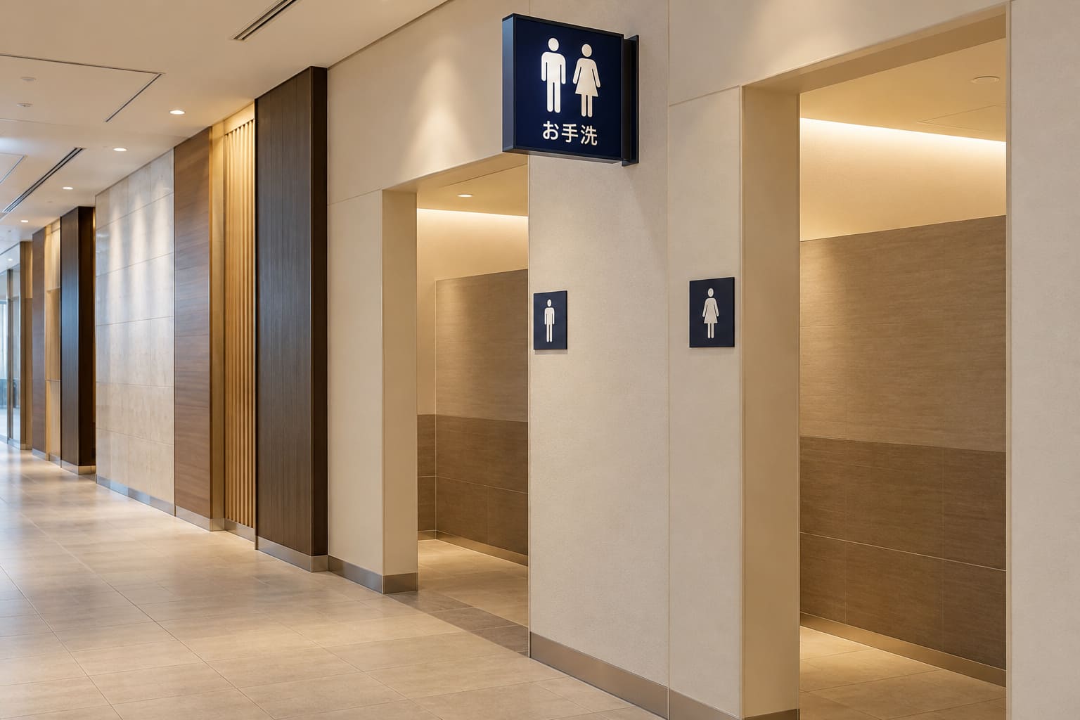 商業施設の通路で、トイレの出入口の上に壁から突き出した男女の図記号のサインがあり、出入口の横の壁にも図記号のサインが付いている様子