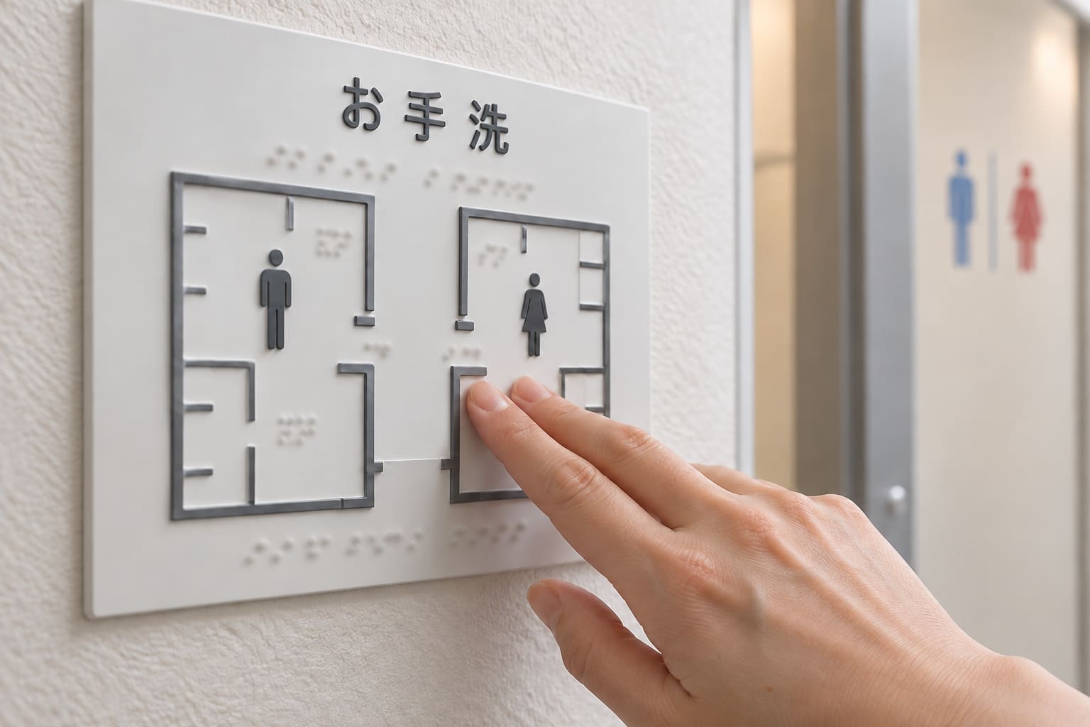 トイレの出入口の横に付いた、点字と浮き彫りの図の触知案内図を、手で触って確かめている手元