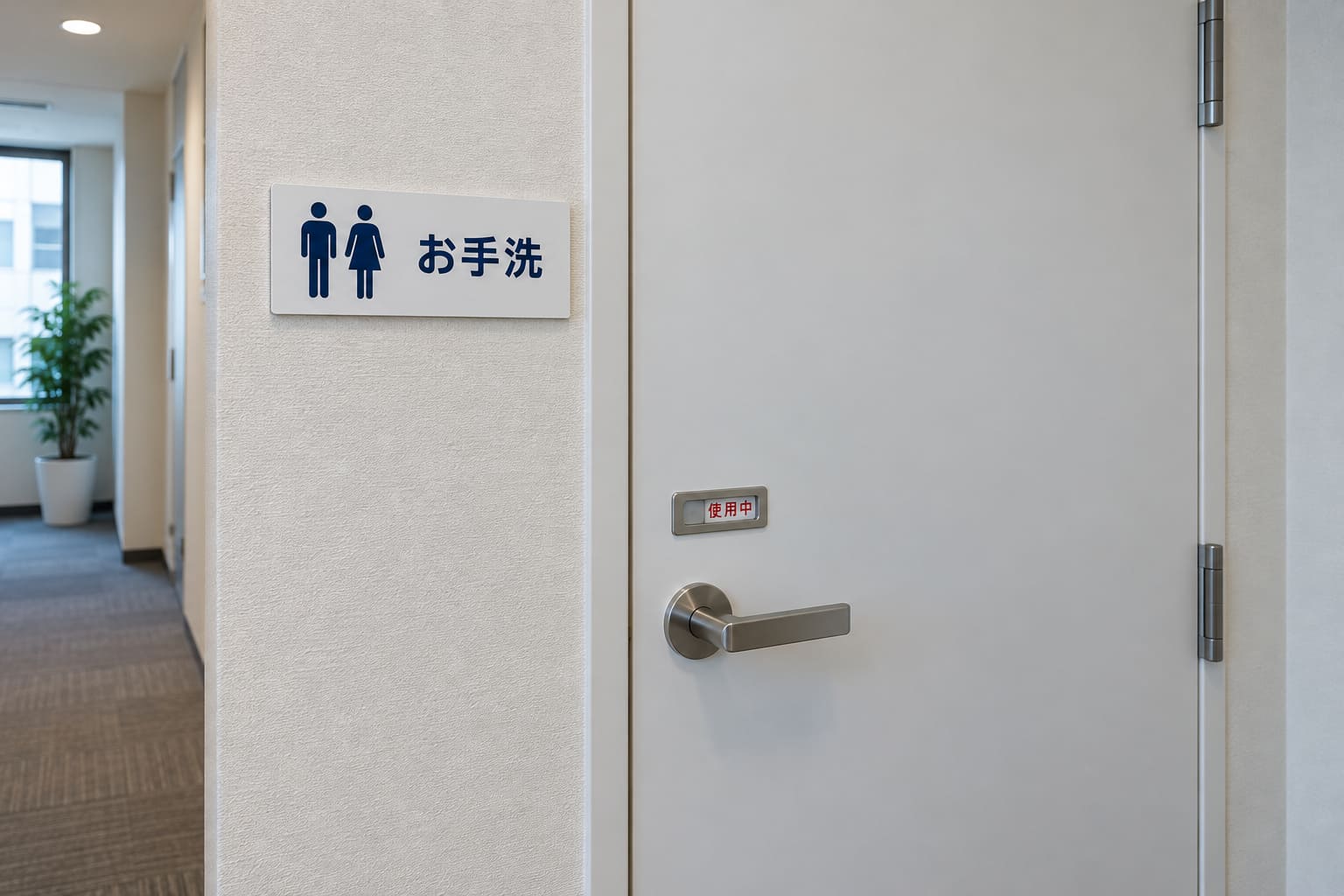 小さなオフィスの廊下で、個室のトイレの扉の横に「お手洗」の文字と図記号の平付のサインがあり、扉の取っ手の上に使用中の表示が見える様子