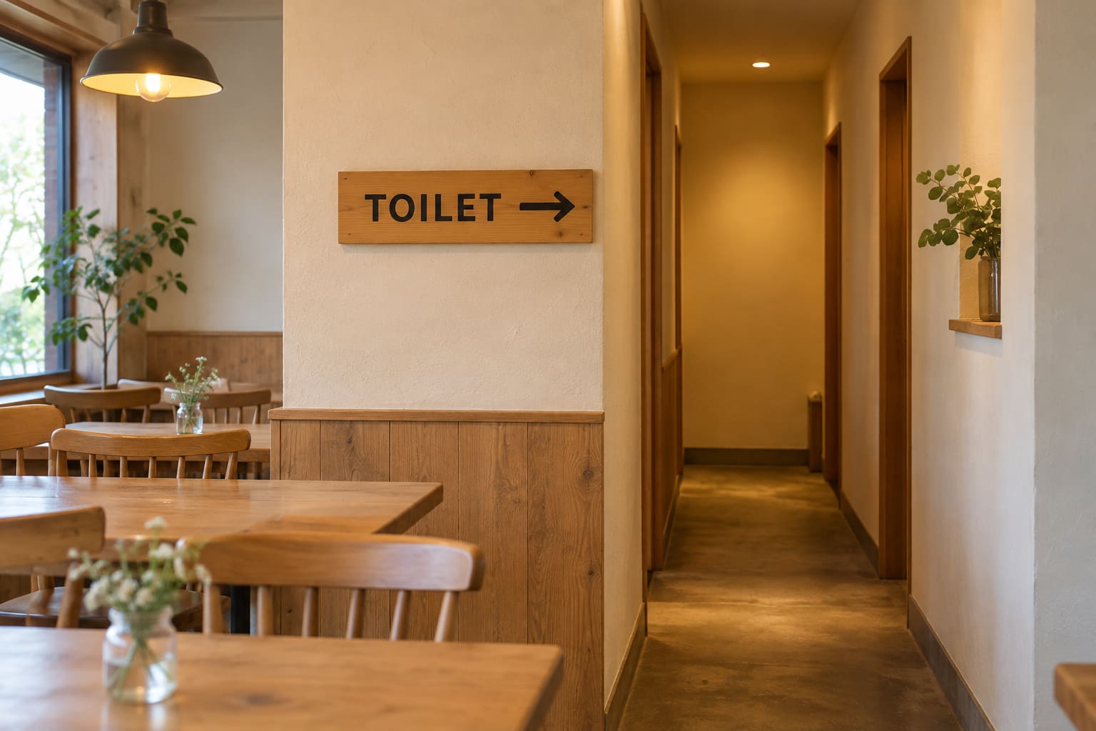 落ち着いた雰囲気のカフェの通路の奥に、木の板に「TOILET」の文字と矢印が入ったサインが壁に付いている様子