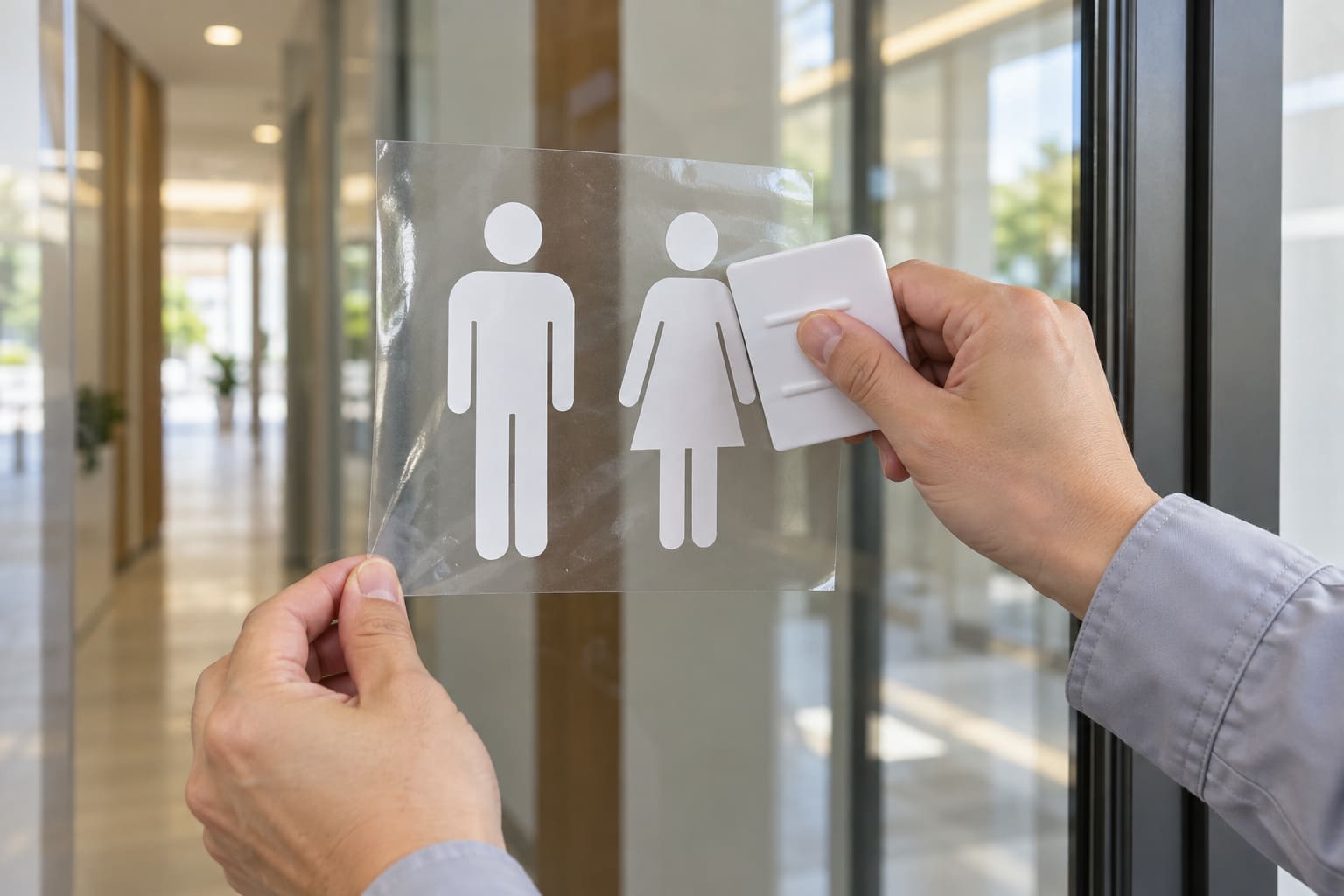 店舗のガラスの扉に、白いカッティングシートのトイレの図記号を貼っている作業者の手元